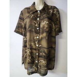 Olivia Rose green Semi Sheer Safari Tiger Blouse Size 16M Button Down